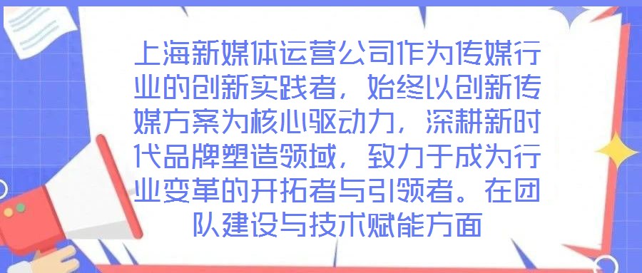 上海新媒體運營公司作為傳媒行業(yè)的創(chuàng)新實踐者,始終以創(chuàng)新傳媒方案為核心驅(qū)動力,深耕新時代品牌塑造領(lǐng)域,致力于成為行業(yè)變革的開拓者與引領(lǐng)者。在團隊建設(shè)與技術(shù)賦能方面